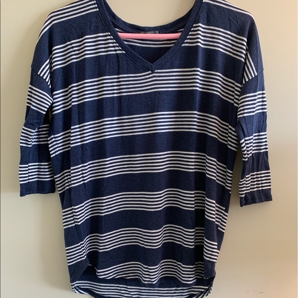 Market & Spruce Sweaters - Navy & White Striped 3/4 Sleeve V-neck Shirt